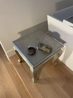 Square Silver Pewter Metal End Side Table Floral Embossed Textured Finish