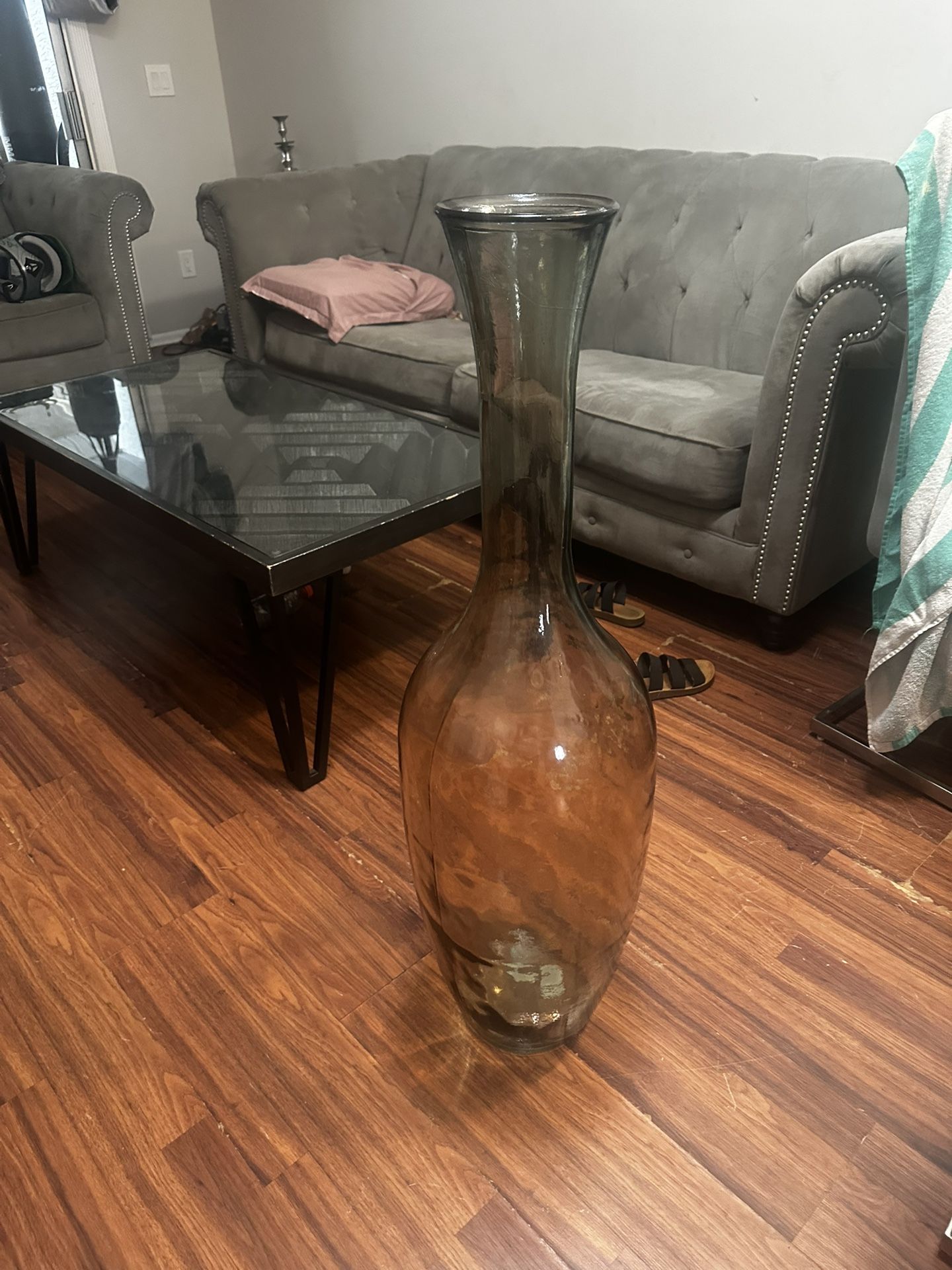 Tall glass vase clear brown tinted