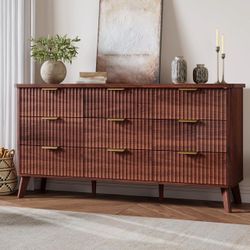 GarveeHome Fluted Dresser for Bedroom with 9 Deep Drawers, Walnut 60.6" Wide Modern Chest of Drawer, Faux Marble Top, Wooden Dresser TV Stand, for Liv
