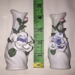 Pair of small vintage retro white ceramic vases with blue flowers