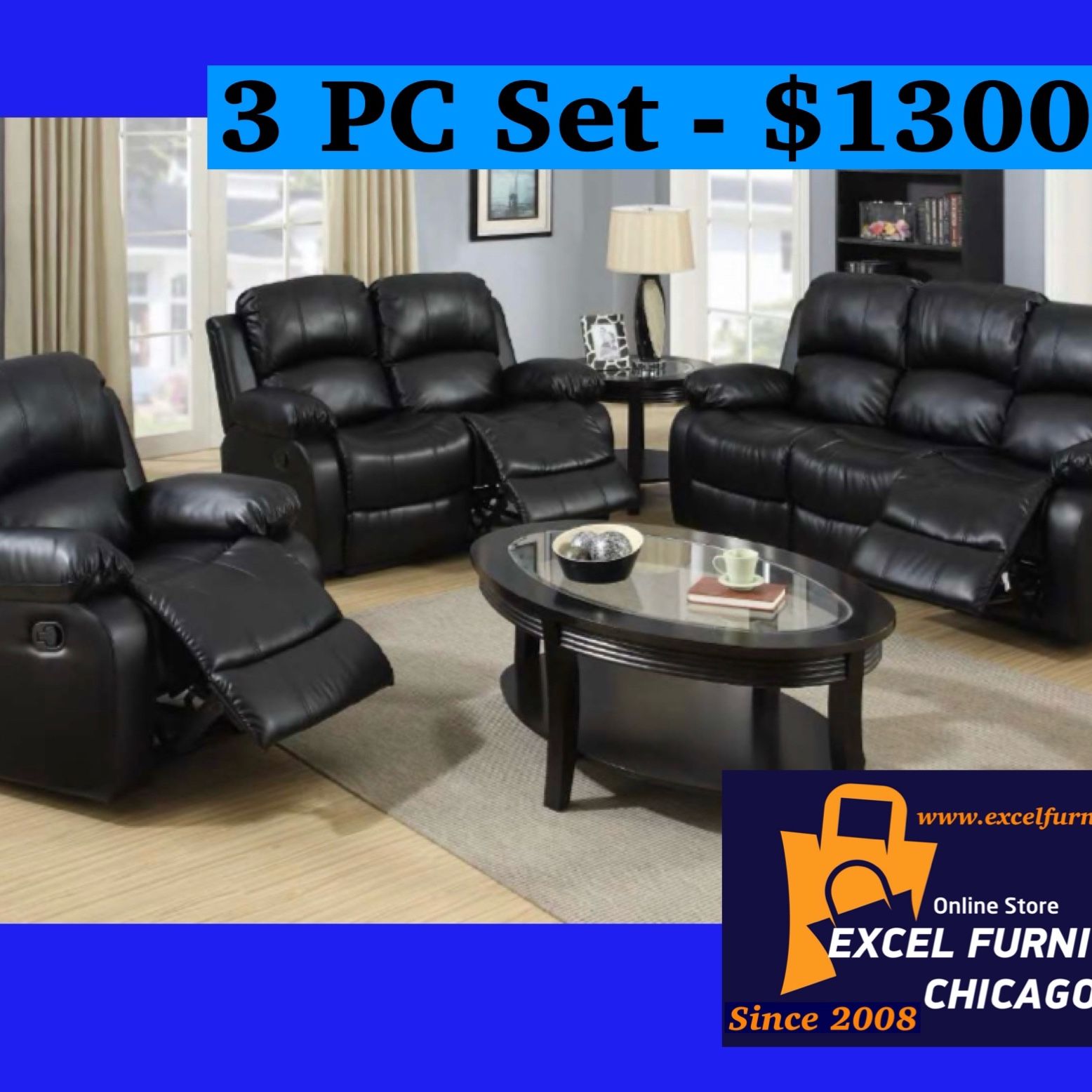 Brand New 3PC Reclining Sofa Loveseat Chair Set 