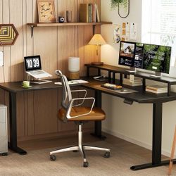 Electric L Shaped Standing Desk with Monitor Stand, 59 Inch Height Adjustable Corner Desk with Power Outlets, Large Sit Stand Table, Revers
