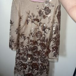 Sequin Nude Color & Gold Flower Dress