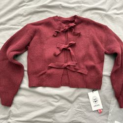 Cider KNIT ROUND NECK SOLID TIE FRONT BOWKNOT CARDIGAN