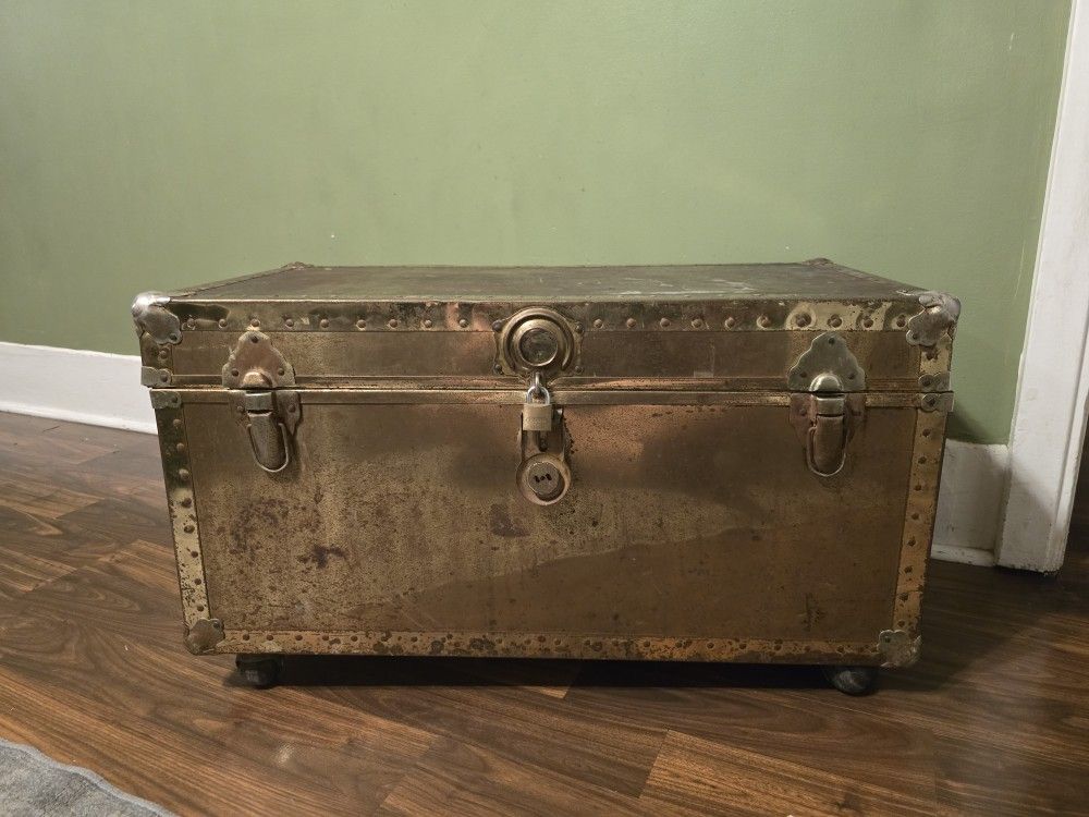 Vintage Metal Steamer Trunk with Wheels