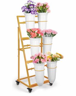3-Tier Gold Metal Flower Display Stand with 6 White Buckets