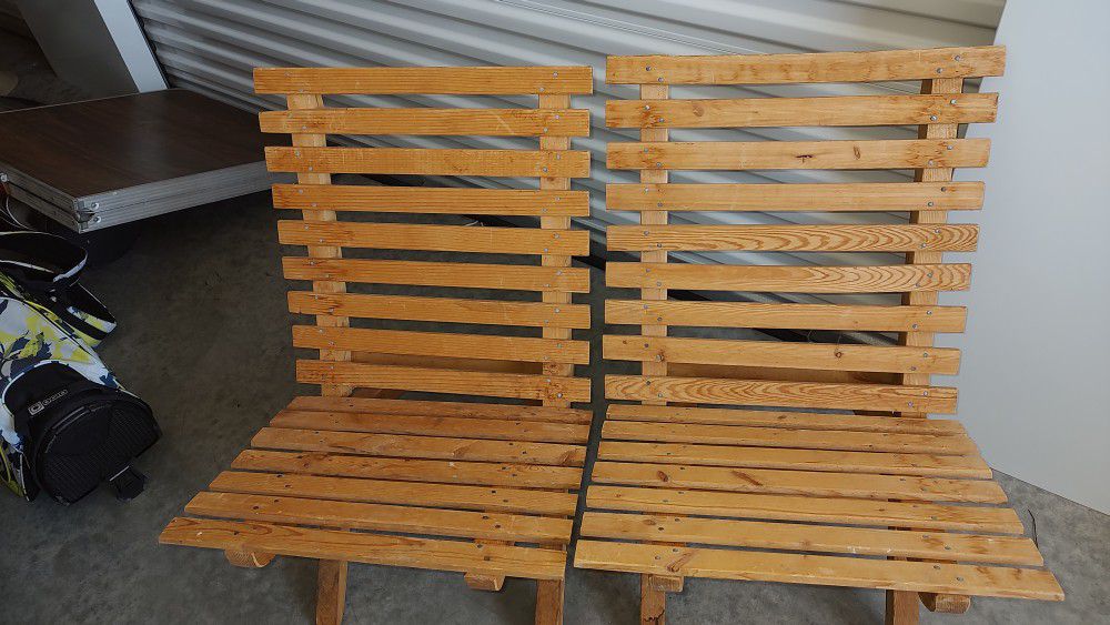 Pair Of Solid Pine Two Piece Stacking Camp Chairs