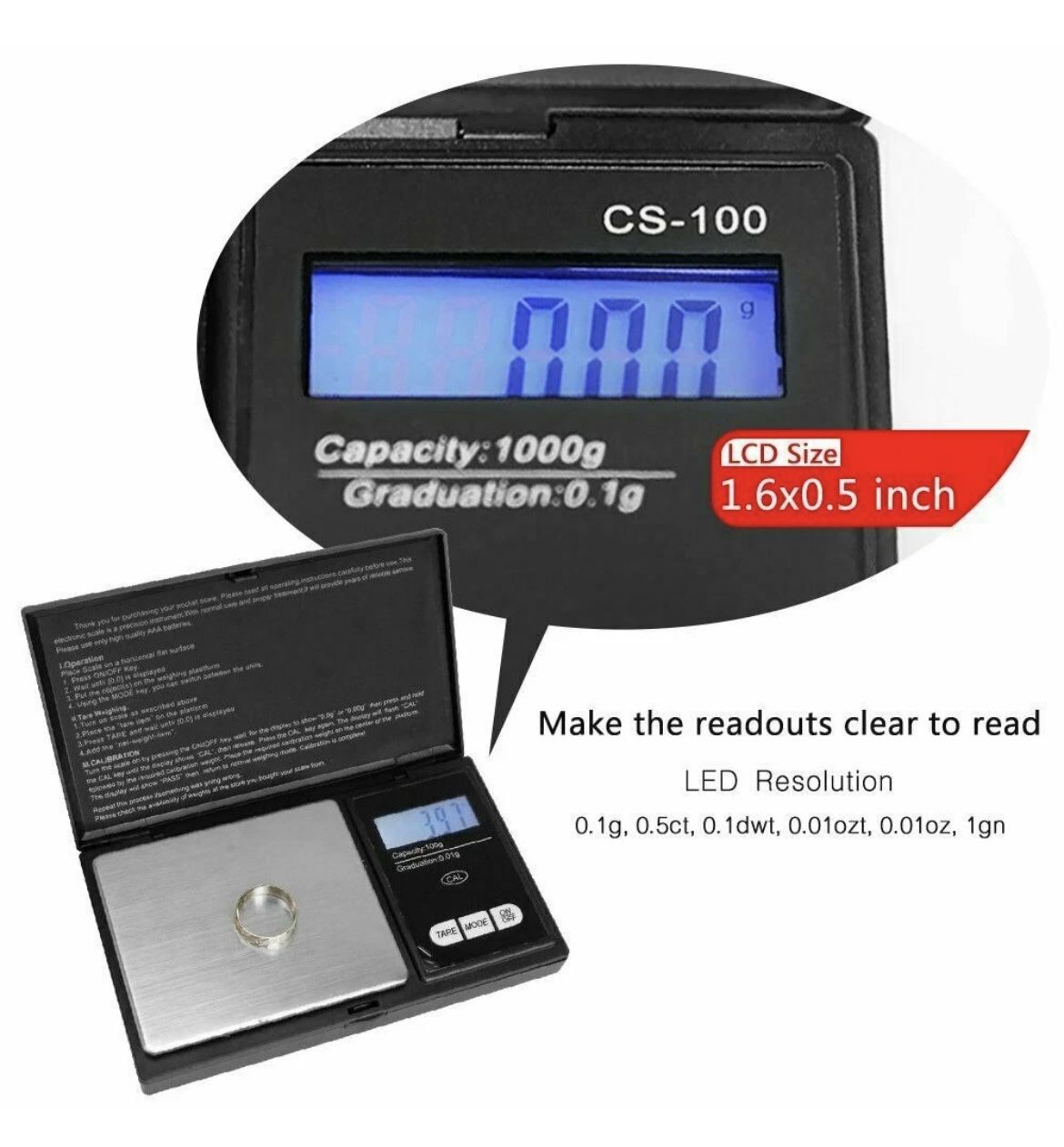 Pocket 1000g x 0.1g Digital Jewelry Gold Coin Gram Balance Weight Precise Scale