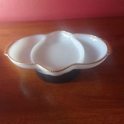 vintage Fire King white milk glass divided serving dish with a gold trim. 