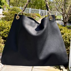 Mark & Graham Large Slouchy Pebbled Leather Shoulder Bag in Black with Woven Chain Strap
