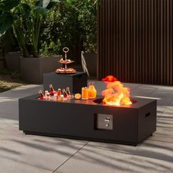 Black 48" with Ice Bucket Rectangle Propane Outdoor Table,Gas Fire Pit with 50000 BTU