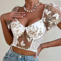 White mesh lace butterfly Women's Lady's crop corset Top Blouse Gift
S M XL