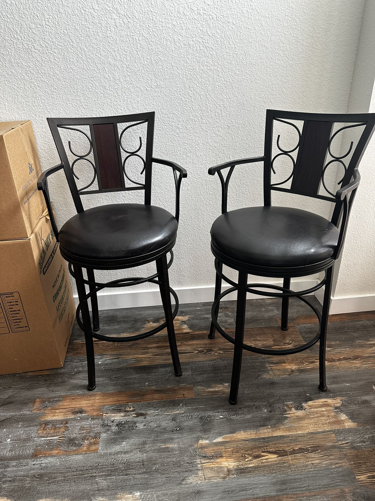 Pair Rustic Full Back Metal & Leather Bar Height Swivel Stools With Arm Rests