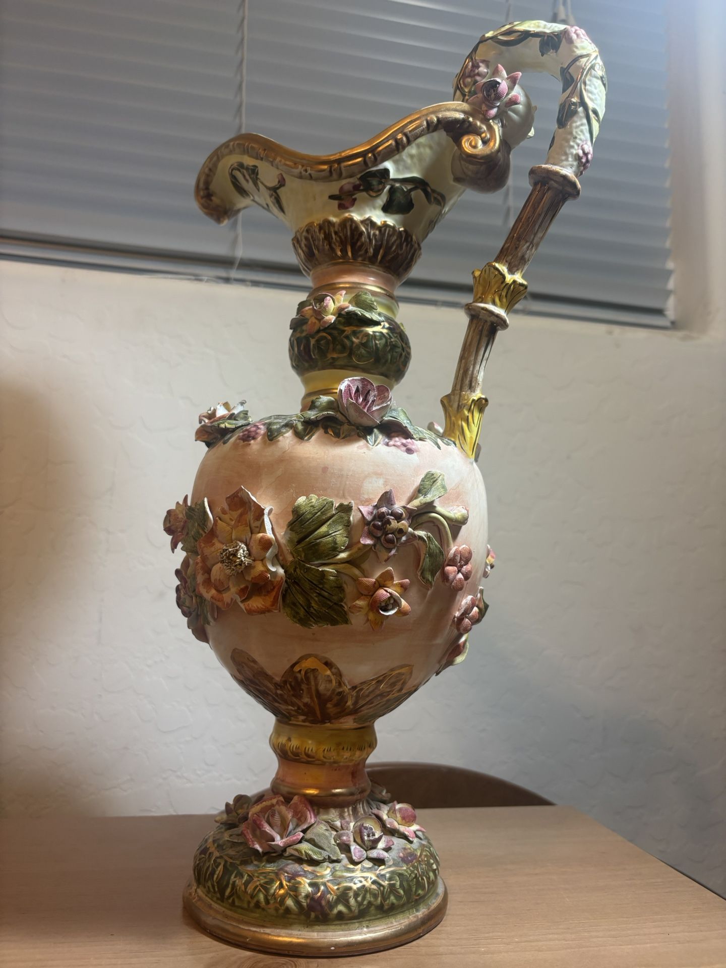 Vintage Ardalt Fiori Antico 5545 Italian Porcelain Ewer Vase 18” Hand Painted Floral