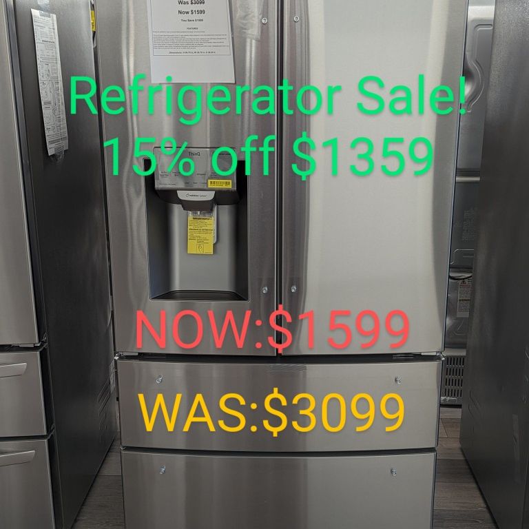 28cu French Door Refrigerator with External Water and Ice Dispenser. Double Drawer Bottom Freezer 