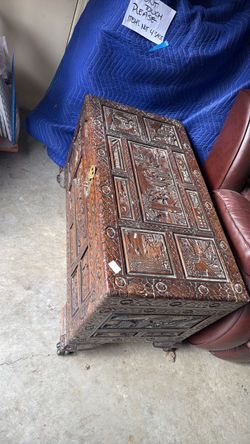 Antique Heavily Carved Wooden Chest Trunk