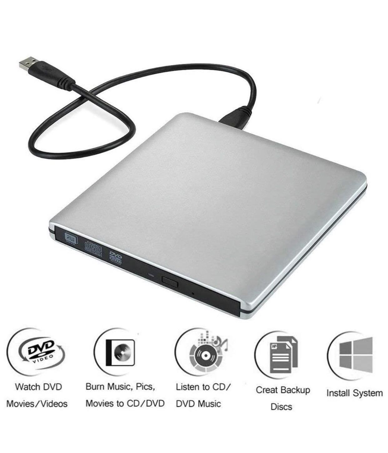 External CD/DVD Drive for Laptop PC & Notebook Windows 10 - USB Optical Slim Combo Writer Burner for CD-R (24x Speed) & CD-RW (8X Speed) – Reader Pla