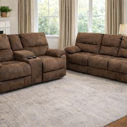 Brown Reclining Sofa & Loveseat Set – Cupholders – Used