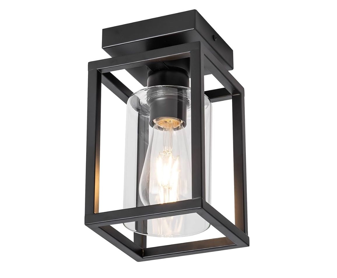 Mayful Flush Mount Ceiling Light Fixture with Clear Glass Shade, Farmhouse Black Metal Frame Light Fixture for Kitchen Island Entryway Porch Foyer Din
