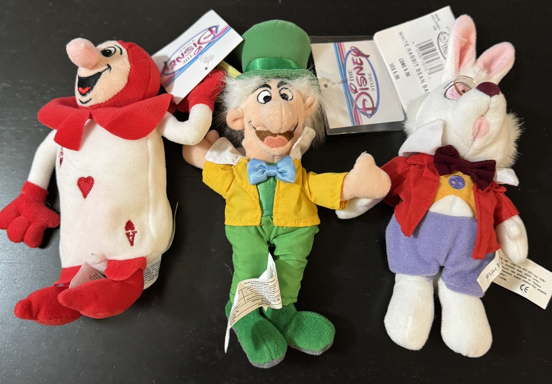 The Disney Store Alice In Wonderland 8” Mini Bean Bags. Brand New With Tags. Mad Hatter, White Rabbit, Red Card. All 3 For $35.00