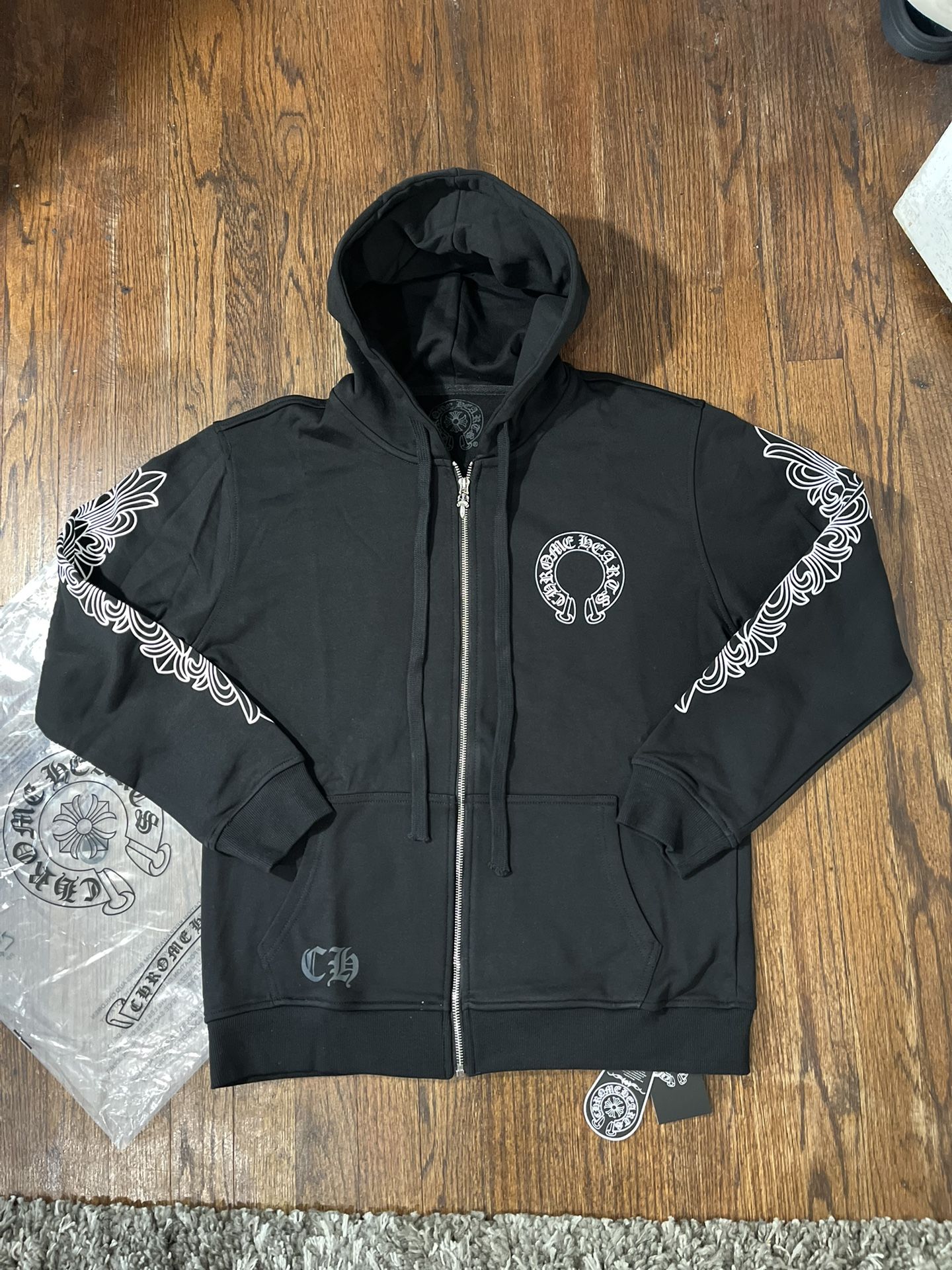 Chrome Hearts Horseshoe Floral Cross-Sleeve Zip Up Hoodie 'Black/White'🔥