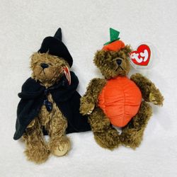1990s NWT TY Beanie Babies Pumpkin the Bear Beanie Baby + Witch Bear Halloween