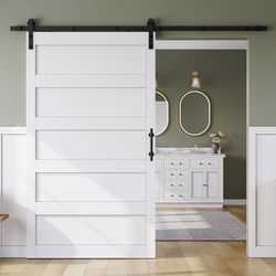 48in x 84in Sliding Barn Door with 8FT Hardware Track Kit Waterproof PVC Surface, Pre-Drilled Holes Easy to Assemble, Solid, MDF, White, 5-