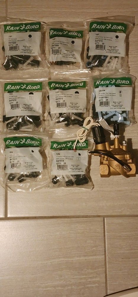 Rainbird Noslezz Sprinkler Heads, $15 each bag, and a Rainbird Valve 1"1/2 $130