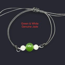 Green & White Genuine Jade Stone Adjustable Wax Cord Bracelet