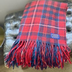  Gorgeous Vintage Pendleton Red and Blue Plaid Wool Stadium Blanket with Fringe