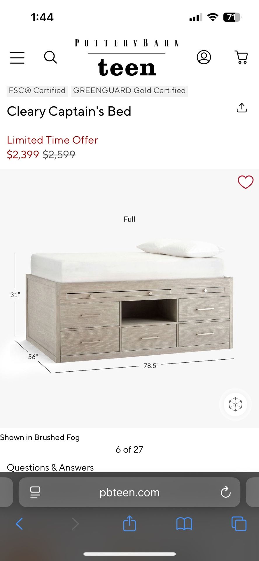 Pottery Barn captain’s full size bed