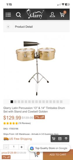 Latin Percussion 13" & 14" Timbales Drum Set with Stand and Cowbell Golden