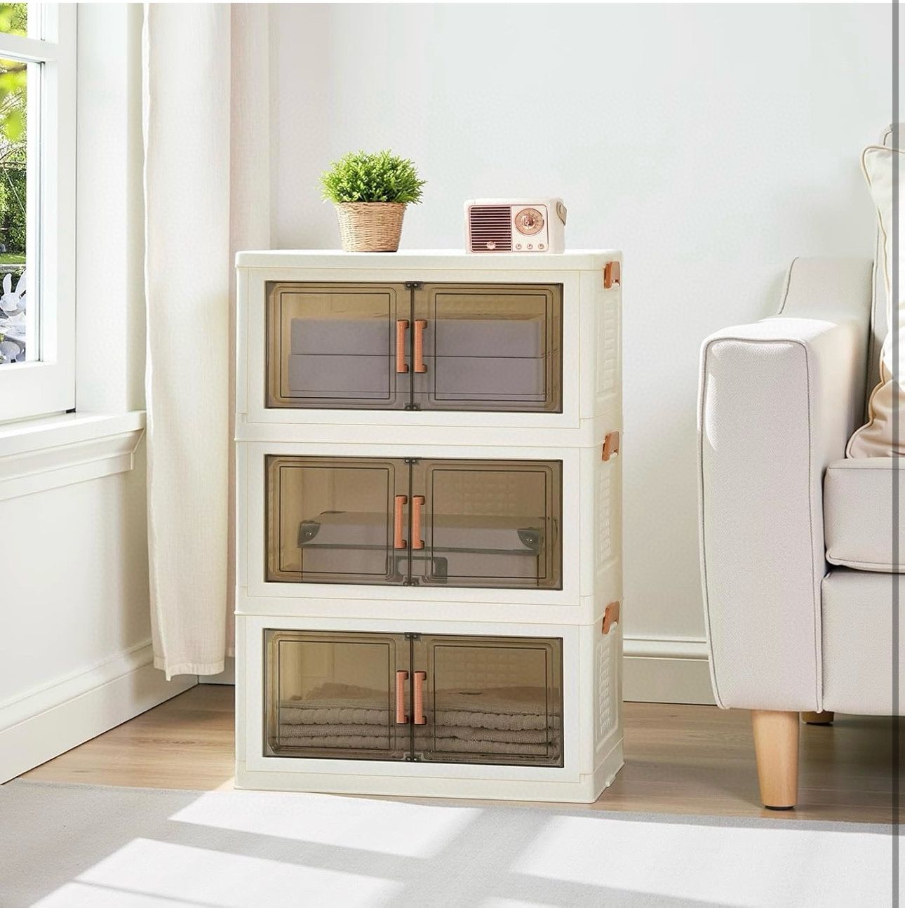 Storage Bins with Lid, 21QT Stackable Plastic Storage Box, 3-Tier Folding Closet Organizers, for Home, Office, Dorm, White brand new in box $25 M6(3)