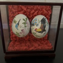 Vintage Chinese Hand Painted Eggs in a Glass & Wood Box