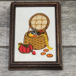 Vintage 3D needlepoint embroidery in frame - Sewing basket