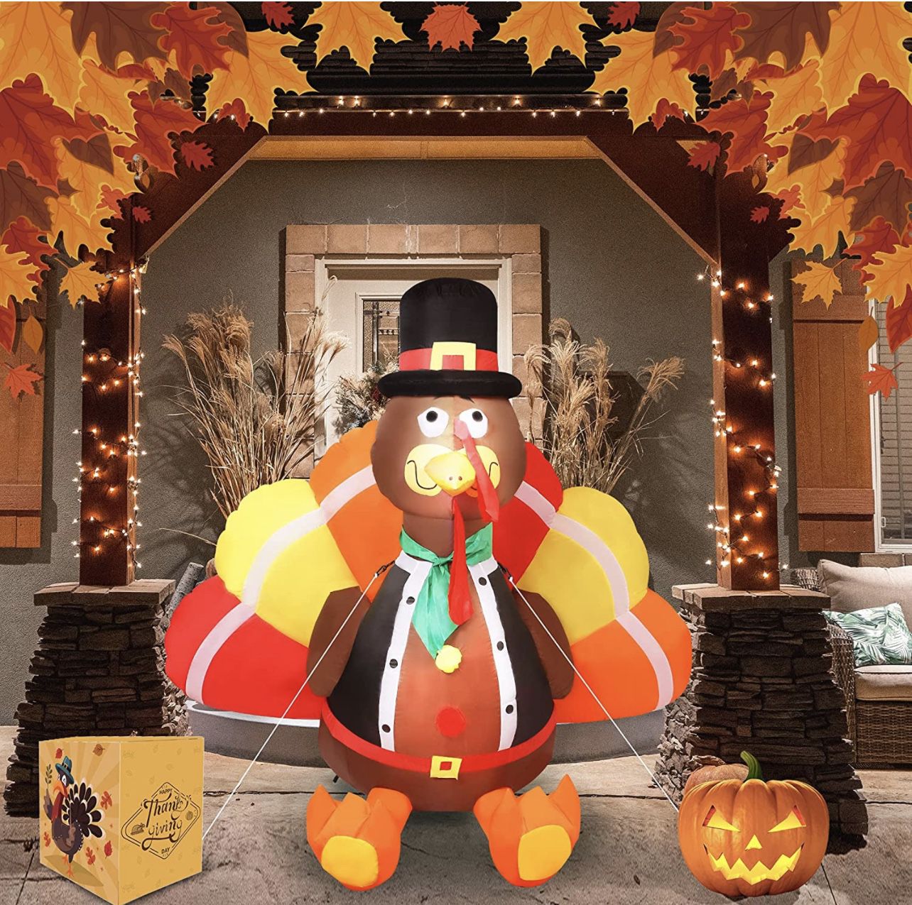 Thanksgiving Inflatable Decorations 6 Foot Upgraded Blow Up Turkey with Huge Color Tail, Pilgrim Hat