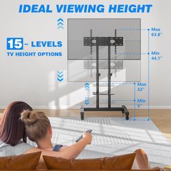 Mobile TV Cart for 32-83 Inch Screens up to 110 lbs, Height Adjustable Rolling TV Stand with Locking Wheels and Metal Shelf, Portable Outdoor Floor TV