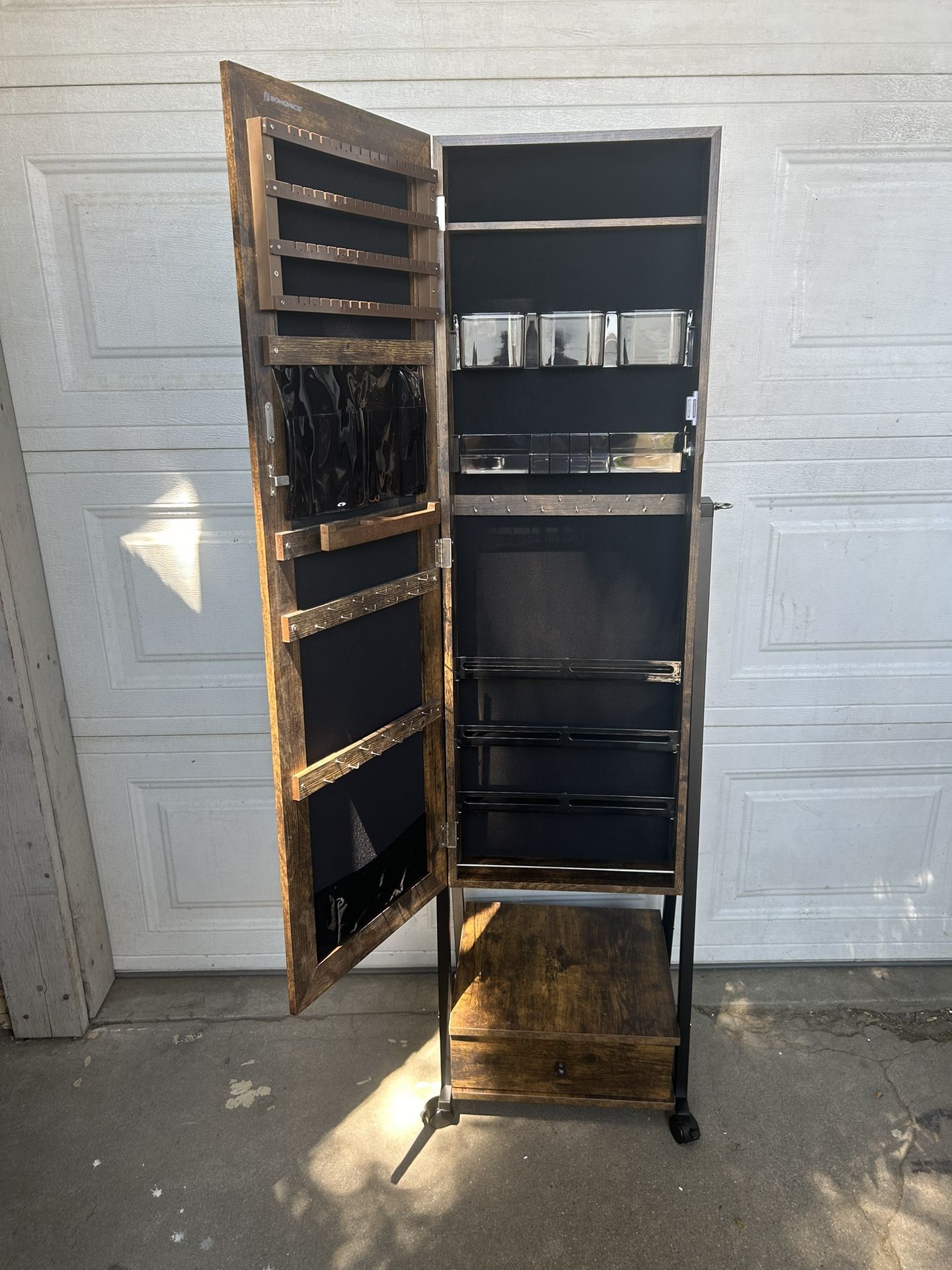 Jewelry Armoire, Lockable Jewelry Organizer with Tall Full-Length Mirror, Bottom Drawer, Shelf, Casters, Jewelry Cabinet, Gift Idea, Rustic Brown and