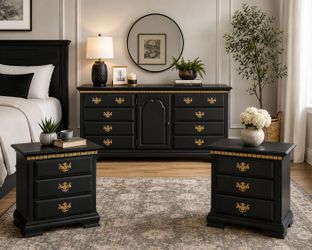 Nine drawer large dresser with two side tables.