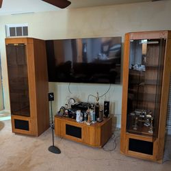 Vintage American-made oak modular wall unit — a 4-piece lighted entertainment