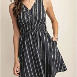 New A-Line Midi Dress In Black And White Stripes w/Pockets