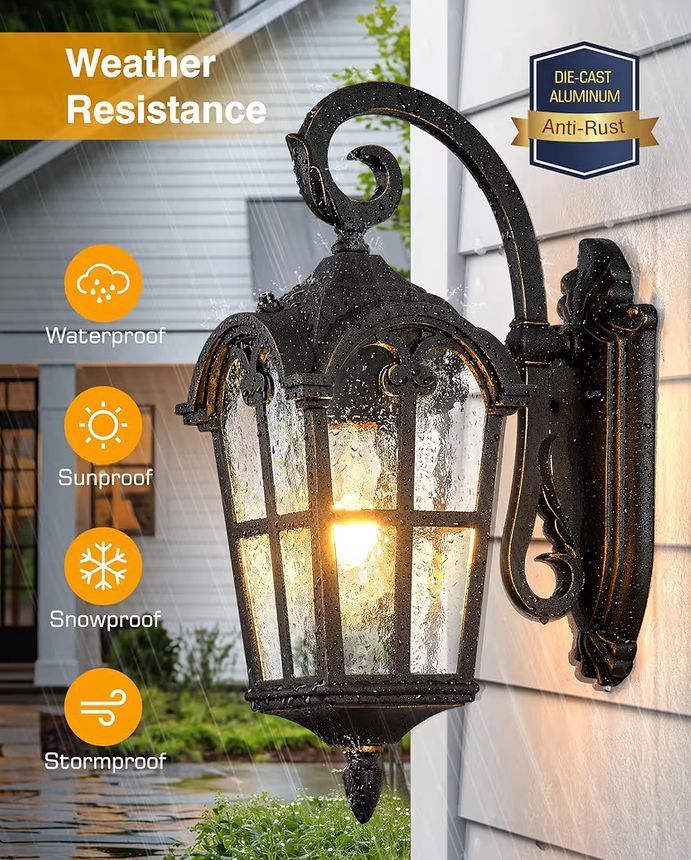 VIANIS Outdoor Wall Light, 16.9" Black Dusk to Dawn Outdoor Lighting with Gold Trim