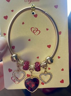 Gold Tone Heart Charm Bracelet with Red Rhinestones Dangle