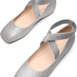 Brand New Women’s “ballet” Flats, Slip On W/Ankle Straps Silver Sparkle Sz10