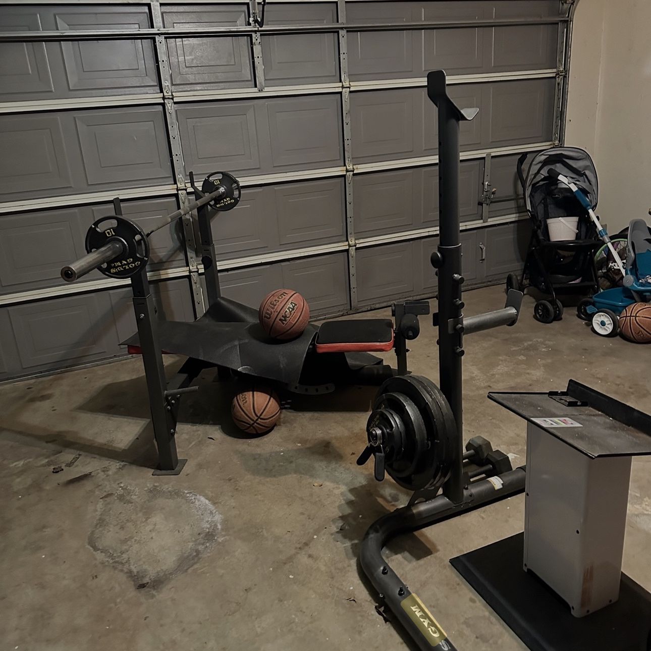 Bench Press, Squat Rack, Weights, And Power Block Adjustable Dumbbells 