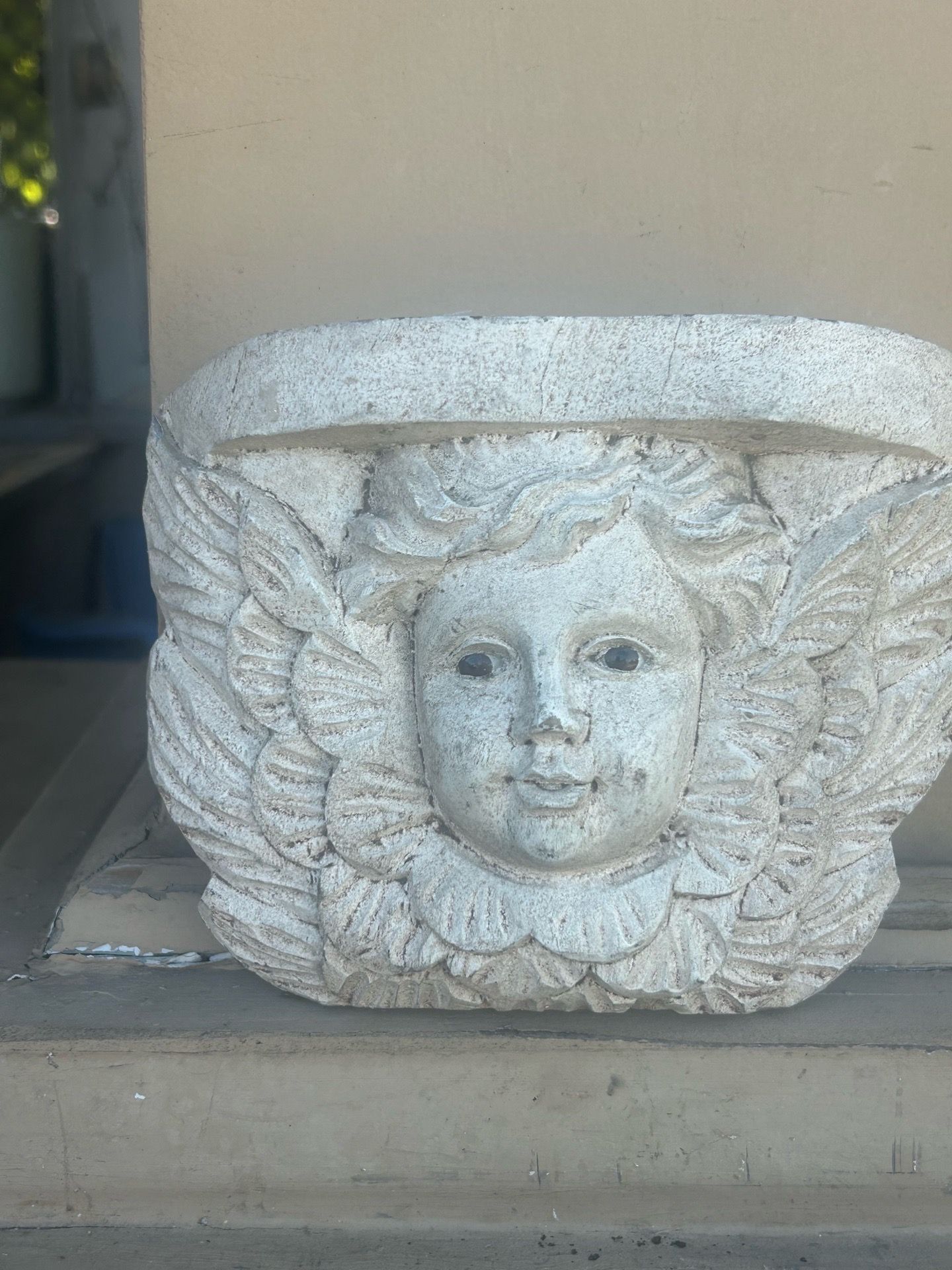 Absolutely delightful; Vintage Made in Mexico Carved Wooden Cherub with Glass Eyes Hanging Shelf: