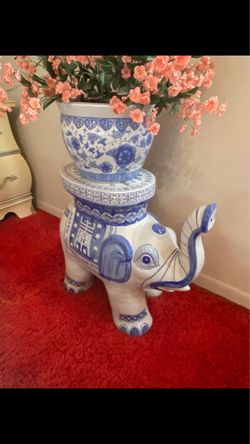 Vintage Handmade Blue & White Ceramic Elephant Garden Stool