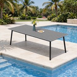 NEW CRESTLINE Outdoor Rectangle Aluminum Dining Table with Umbrella Hole. 81” Long