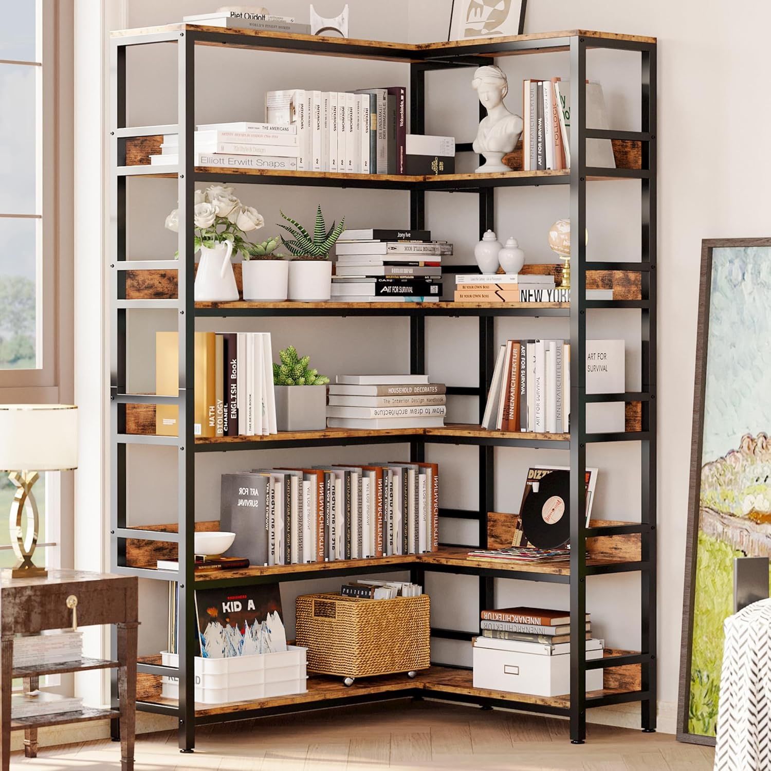 Industrial Bookshelves 6 Tiers Corner Bookcases with Baffles Etagere Shelf Storage Rack with Metal Frame for Living Room Home Office Mate