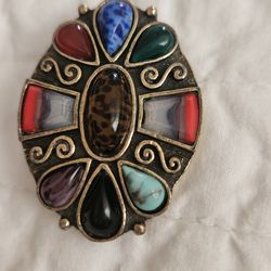 Vtga.  Miracle Oxidized 9 Stones Gold Tone Brooch. 